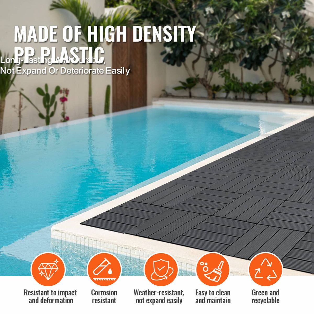 Dark grey interlocking deck tiles with drainage grooves, textured plank surface