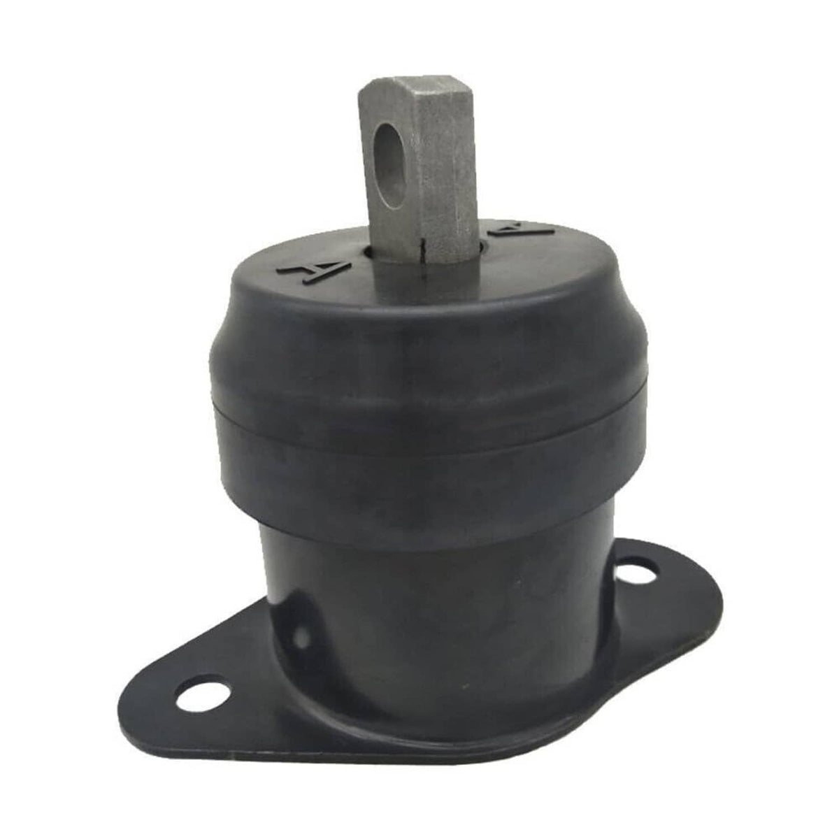 Black engine motor mount with rubber isolator, metal stud, and round base