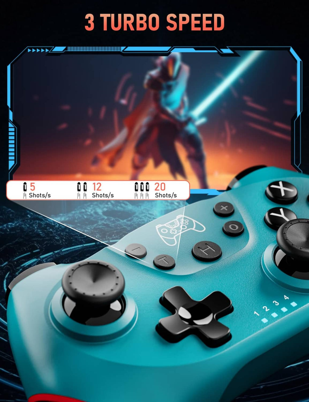Teal wireless game controller close-up with D-pad and dual analog sticks