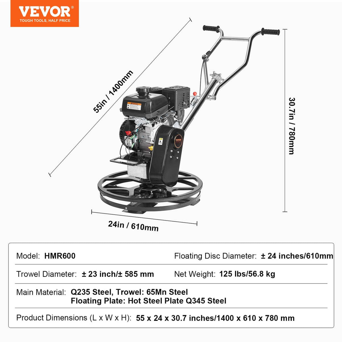VEVOR walk-behind power trowel with engine, handle frame, and circular float disk diagram