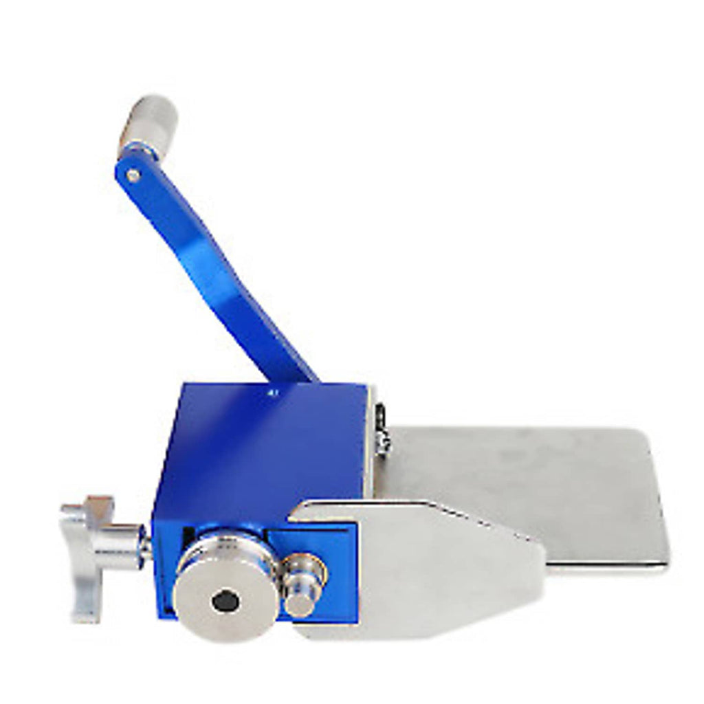 Tube pipe beader tool, blue lever and metal roller head on a white base