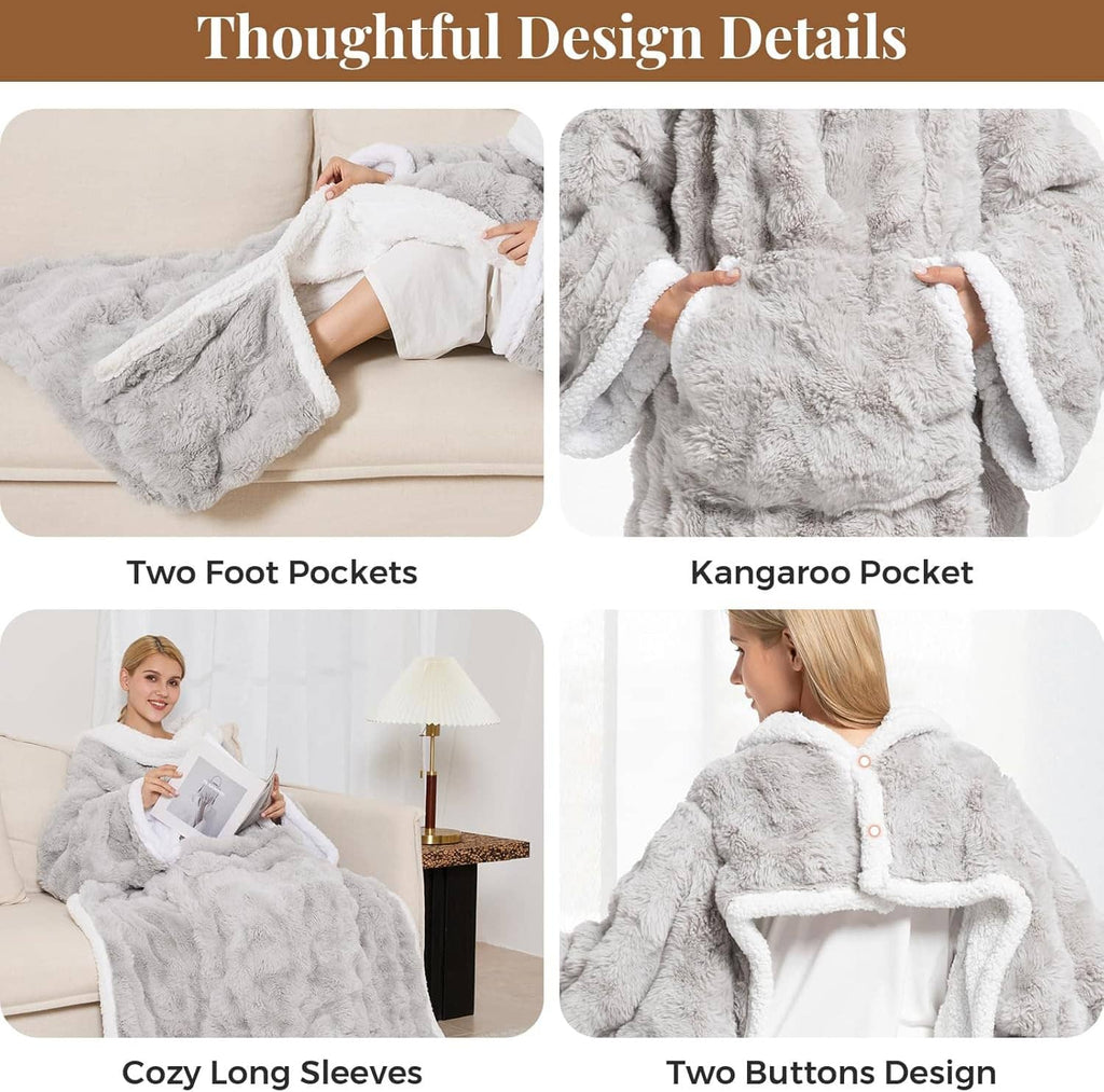Light gray heated blanket robe with hood, two foot pockets, long sleeves, and buttons