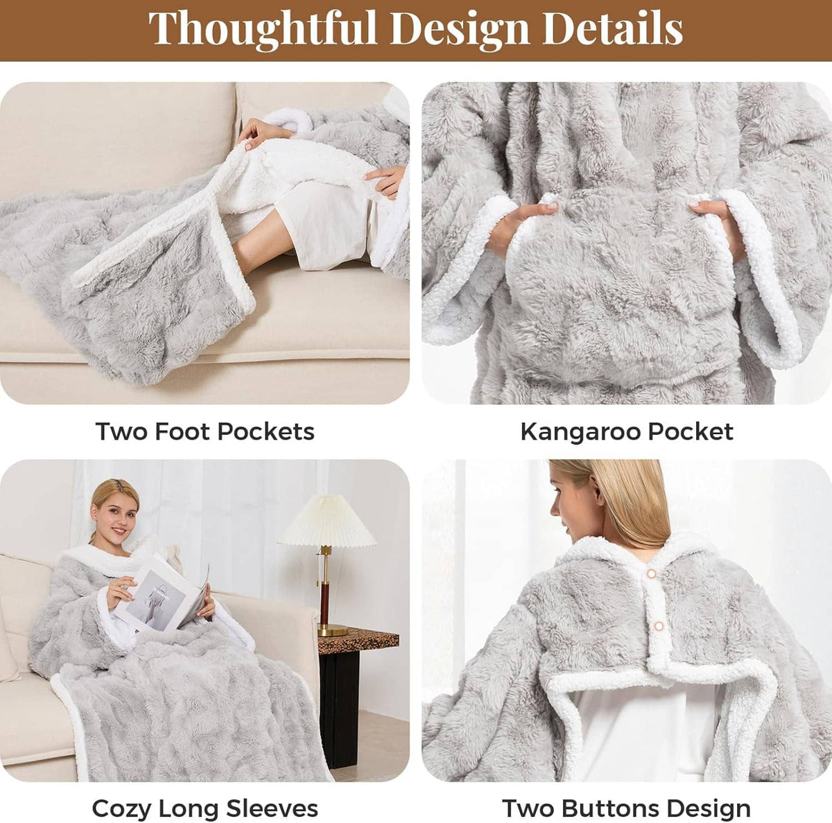 Light gray heated blanket robe with hood, two foot pockets, long sleeves, and buttons