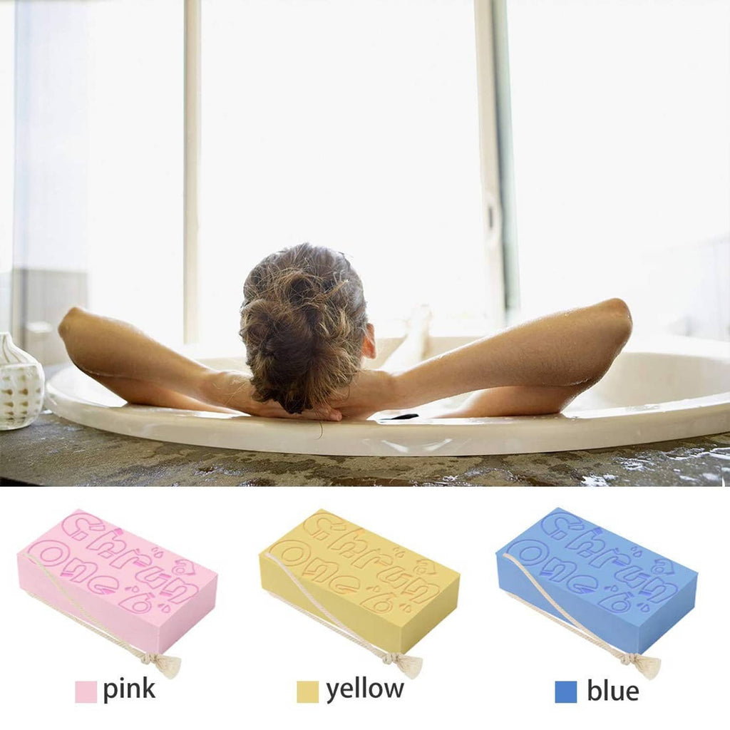 Three exfoliating shower sponges in pink, yellow, and blue with hanging loop