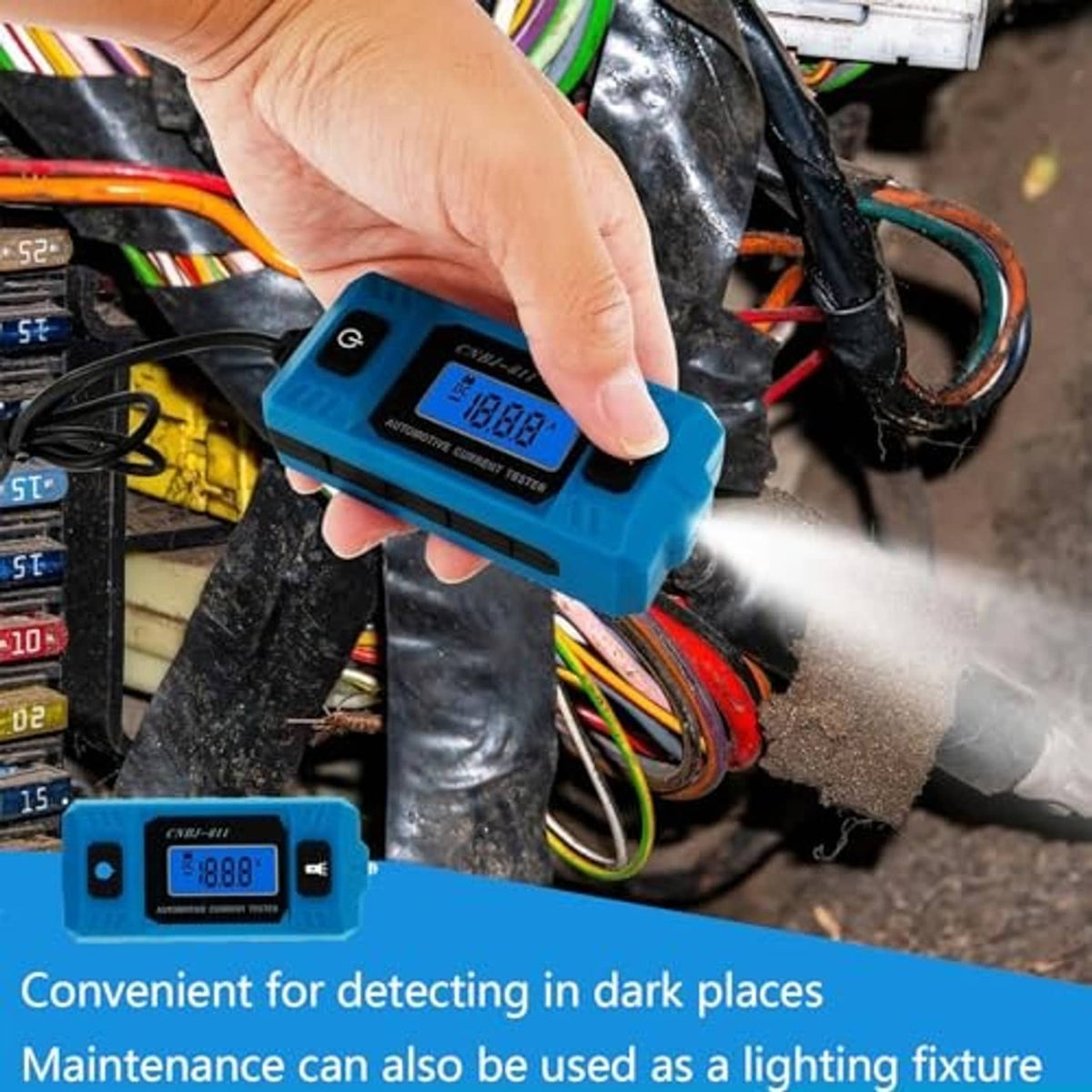 Hand holding blue automotive circuit tester with LCD display and connected probe cable