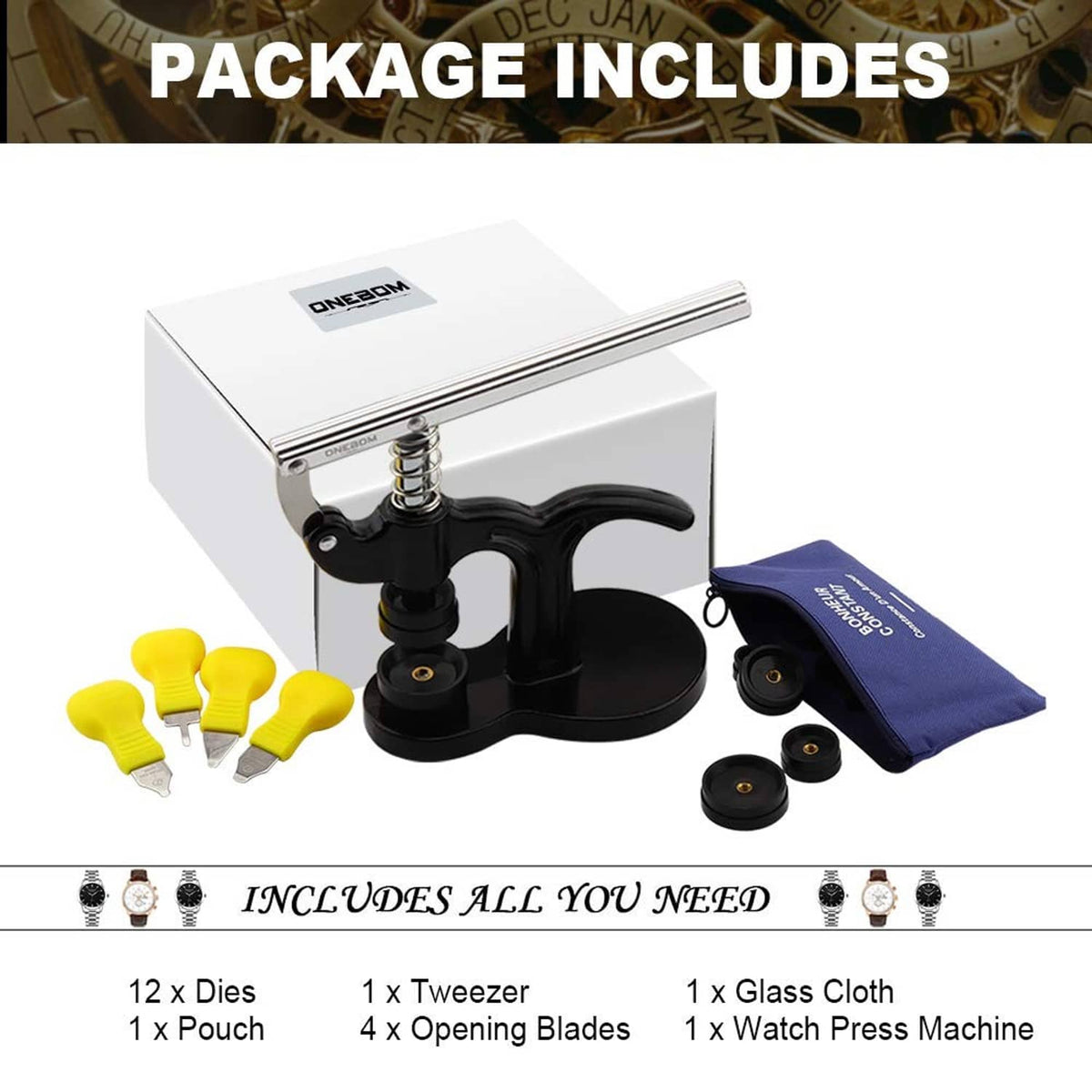 Watch press machine kit with handle tool, tweezers, glass cloth, and pouch