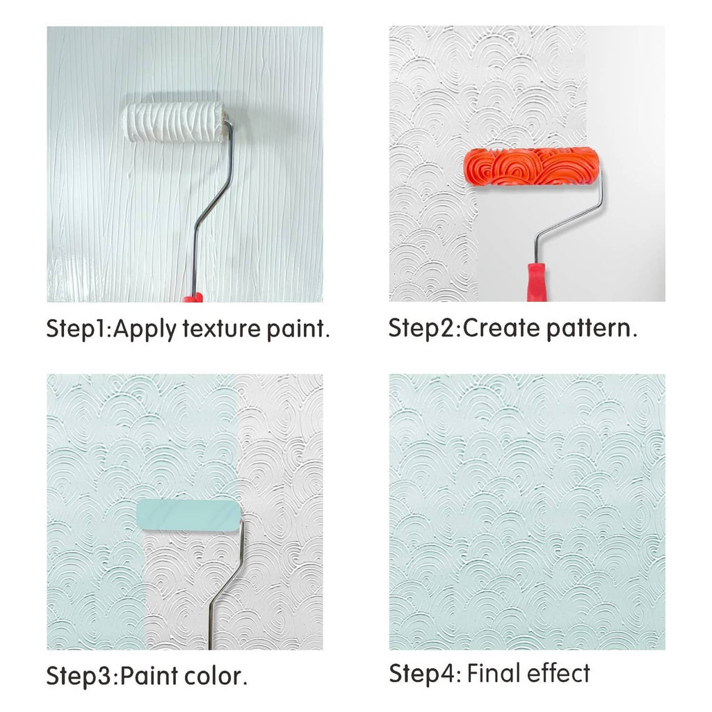 Textured wall finish with repeating scalloped pattern for paint roller