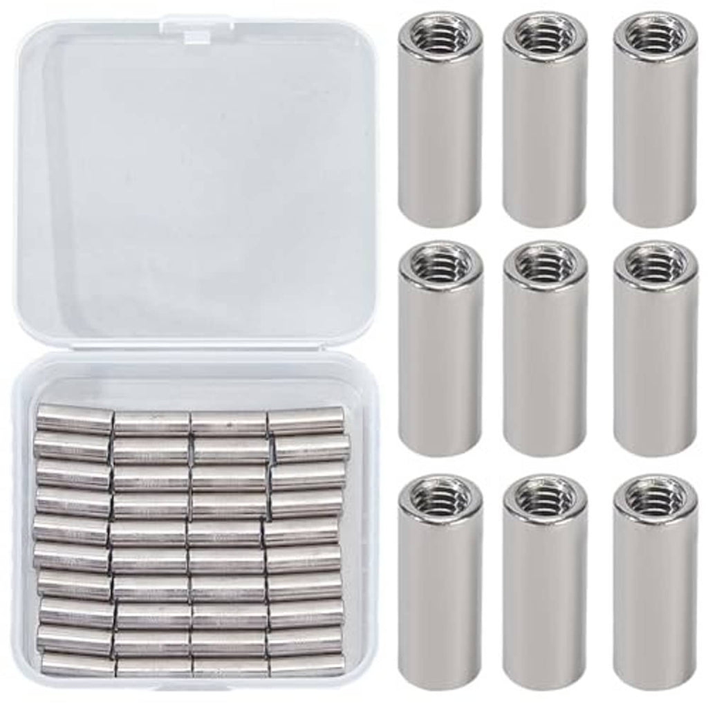 Silver stainless steel round connector nuts in clear plastic box, 40 pcs