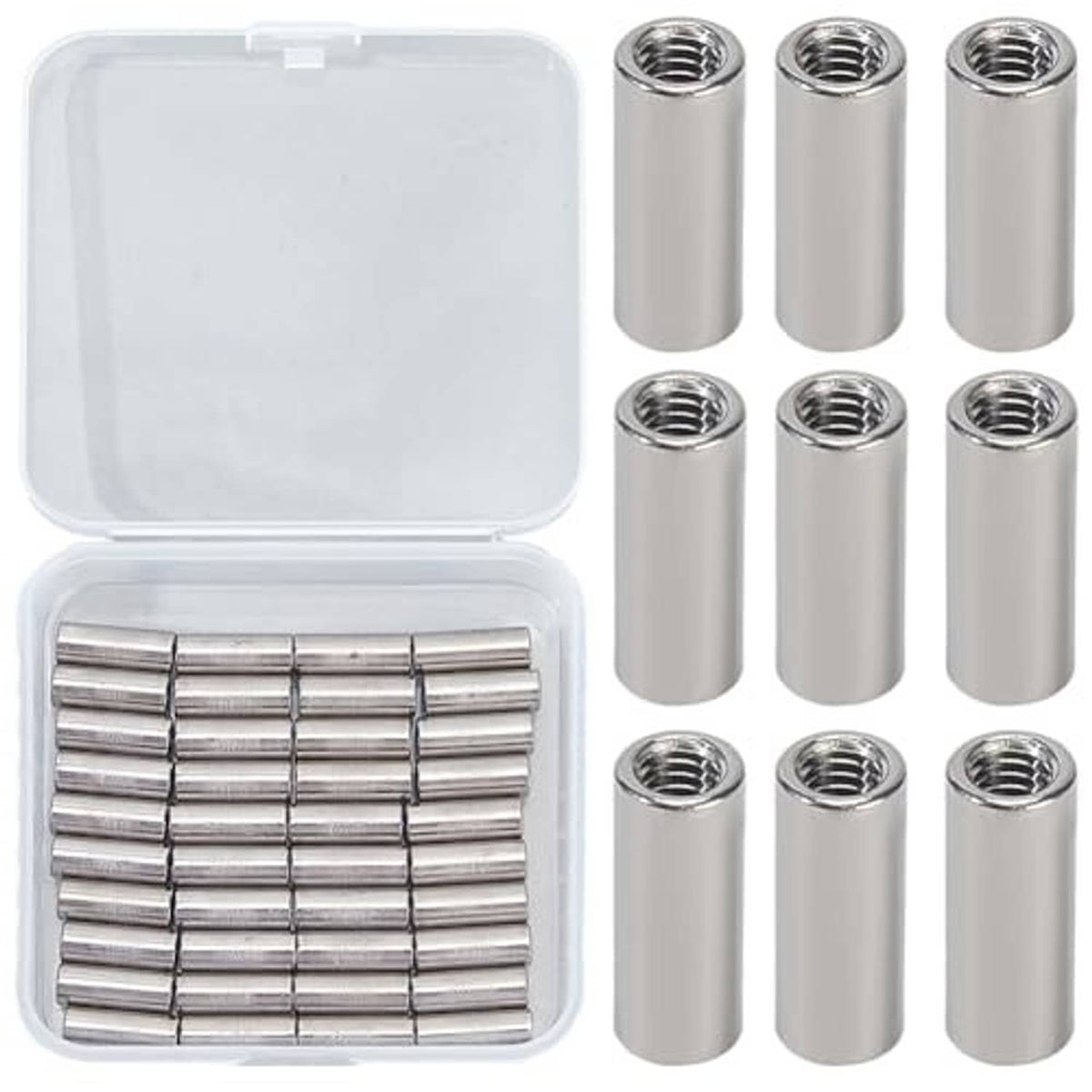 Silver stainless steel round connector nuts in clear plastic box, 40 pcs