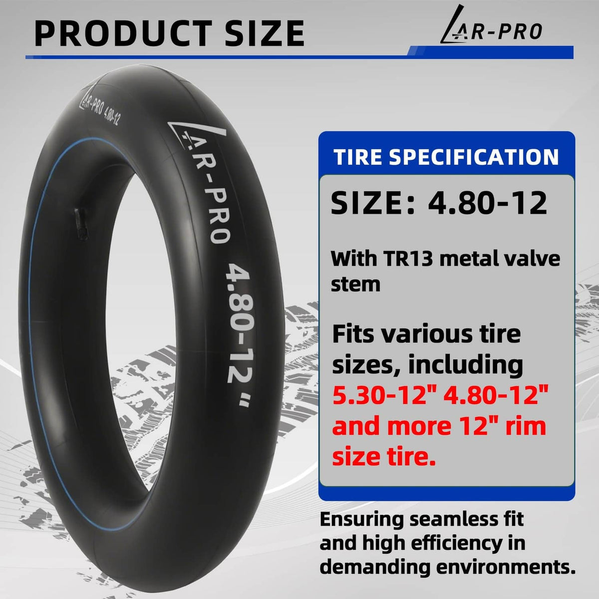 AR-PRO 4.80-12 inner tube with TR13 metal valve stem for various tire sizes