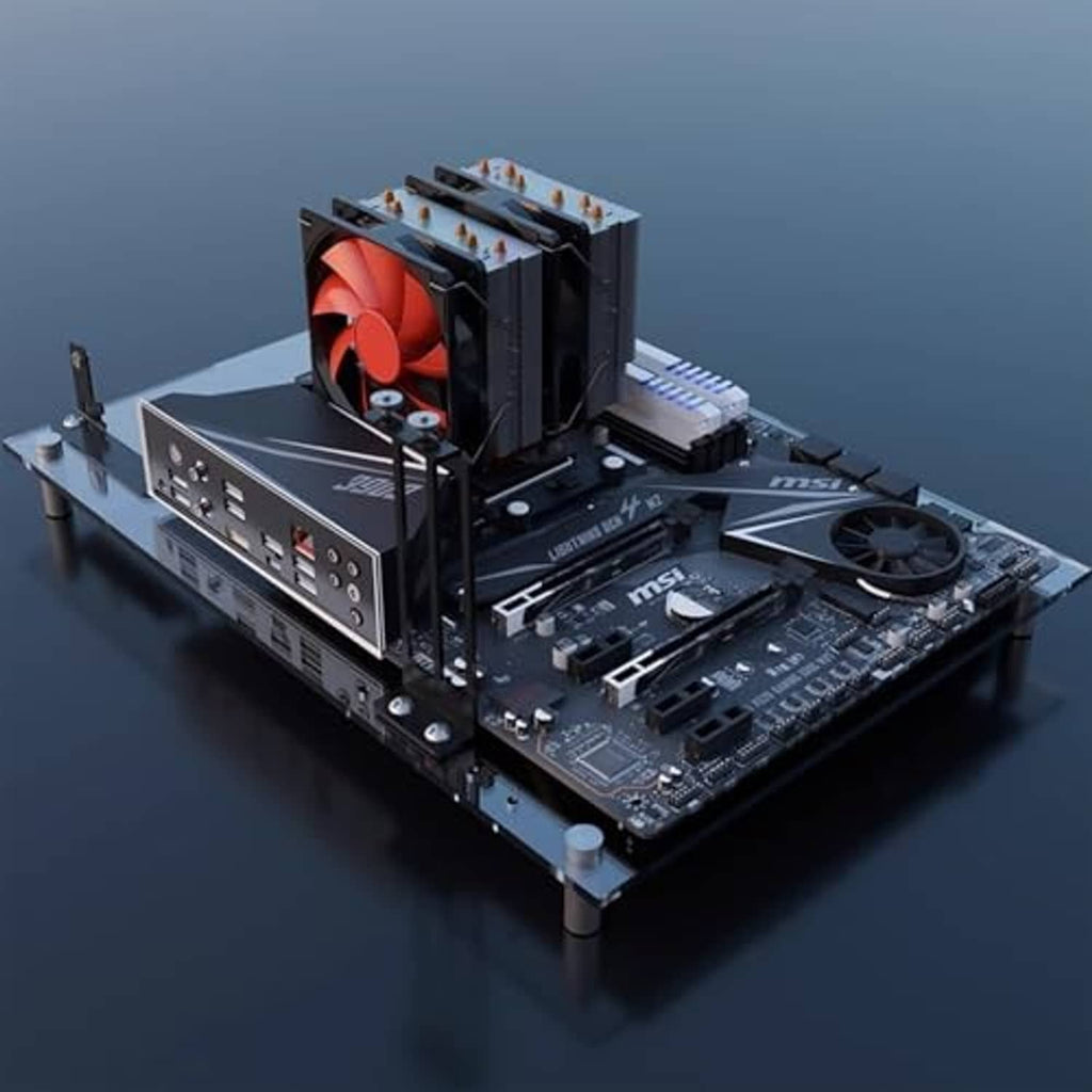 Open-frame computer case holding an MSI motherboard and CPU cooler with a cooling fan