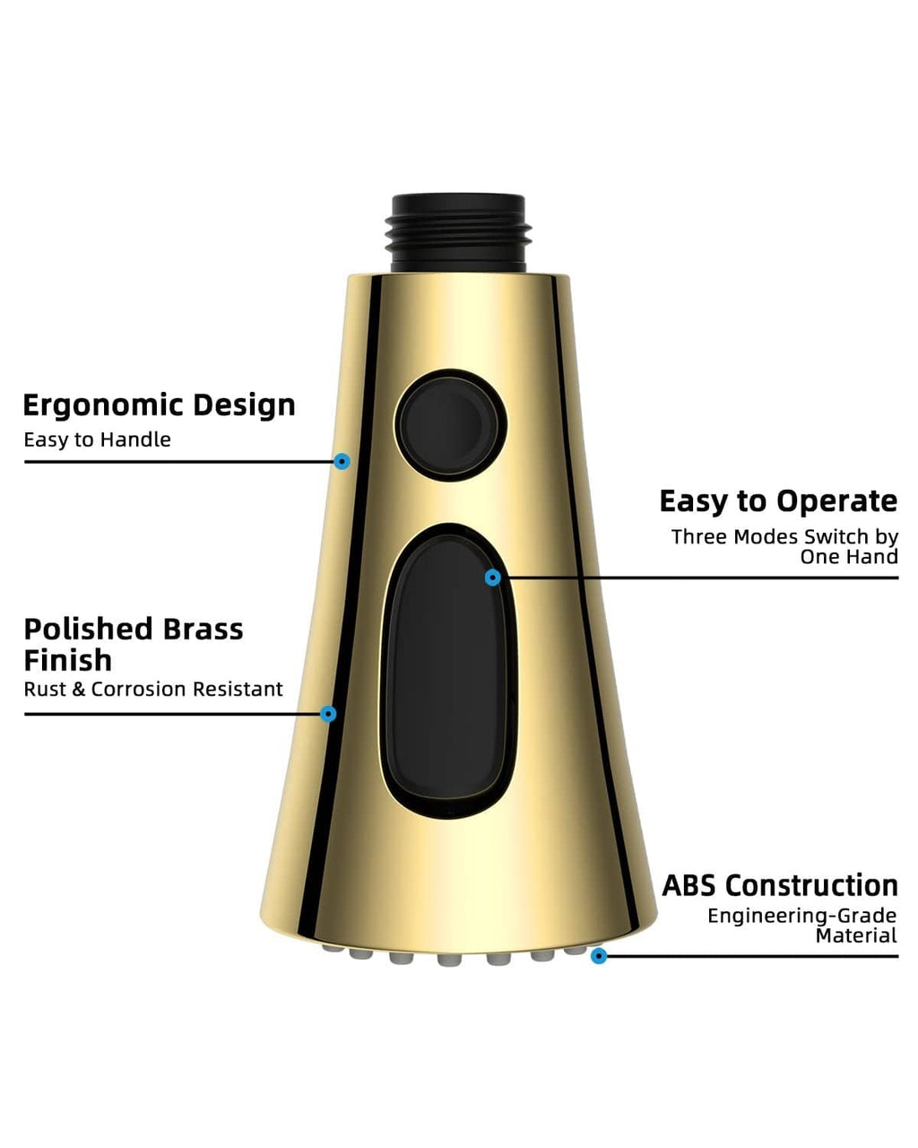 Polished brass sprayer body with two oval black buttons and three mode control