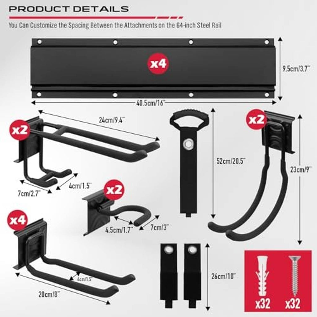 Black steel garage wall organizer with detailed attachment parts and extension straps