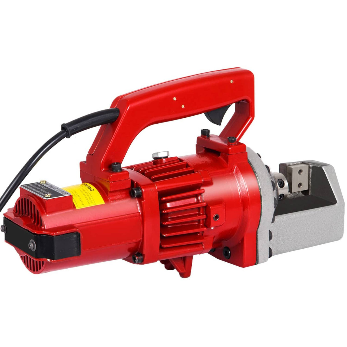 Red electric rebar cutter with side handle, gray die, and ventilation grille