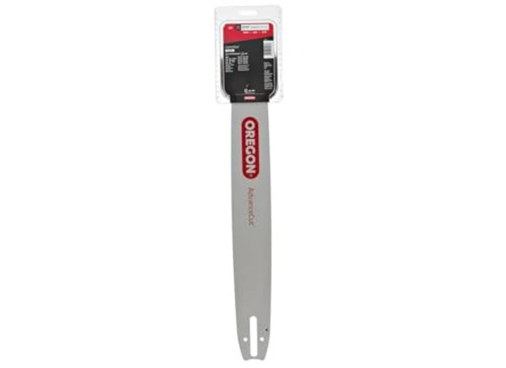 Oregon chainsaw bar with chain, retail pack with product info on gray bar with mounting holes.