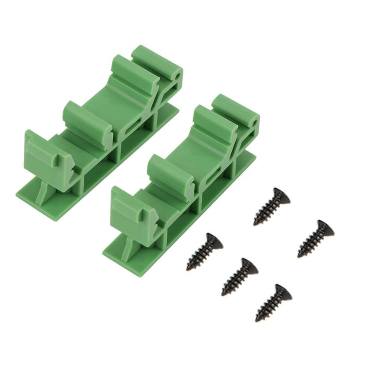 Green C45 DIN rail PCB mounting brackets with black screws, two pieces shown