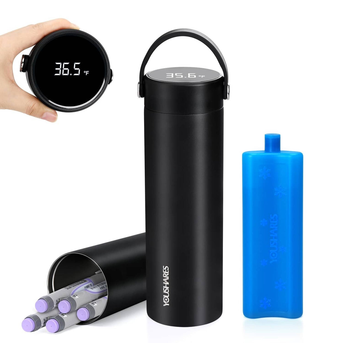 Black insulin cooler travel case with temperature display and blue insulin bottle.