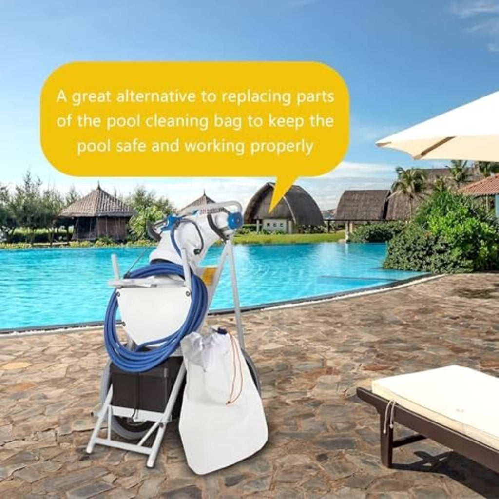 White pool vacuum debris bag with orange drawstring cord, standing next to pool cleaner.