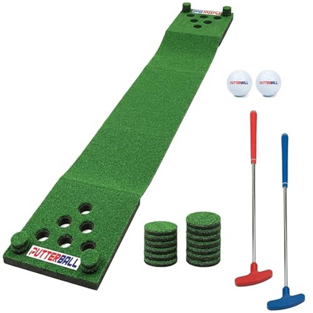 Green turf putting mat, two putters (red and blue), two white balls, and green hole covers.