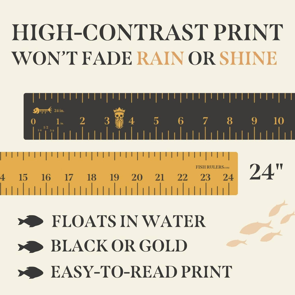 Black tape strip with high-contrast gold inch numbers on a roll-up fish ruler