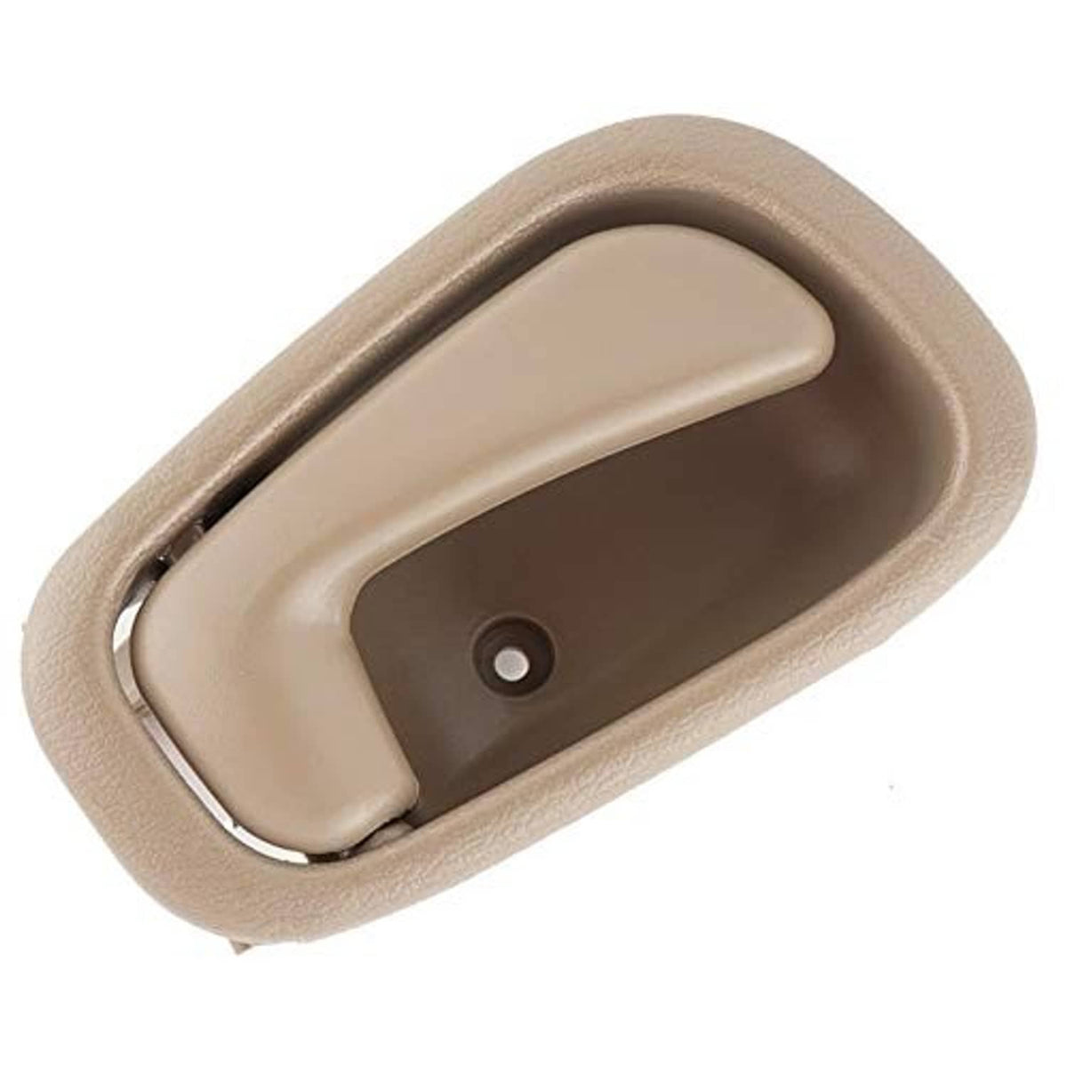 Beige interior door handle with chrome trim, mounting hole