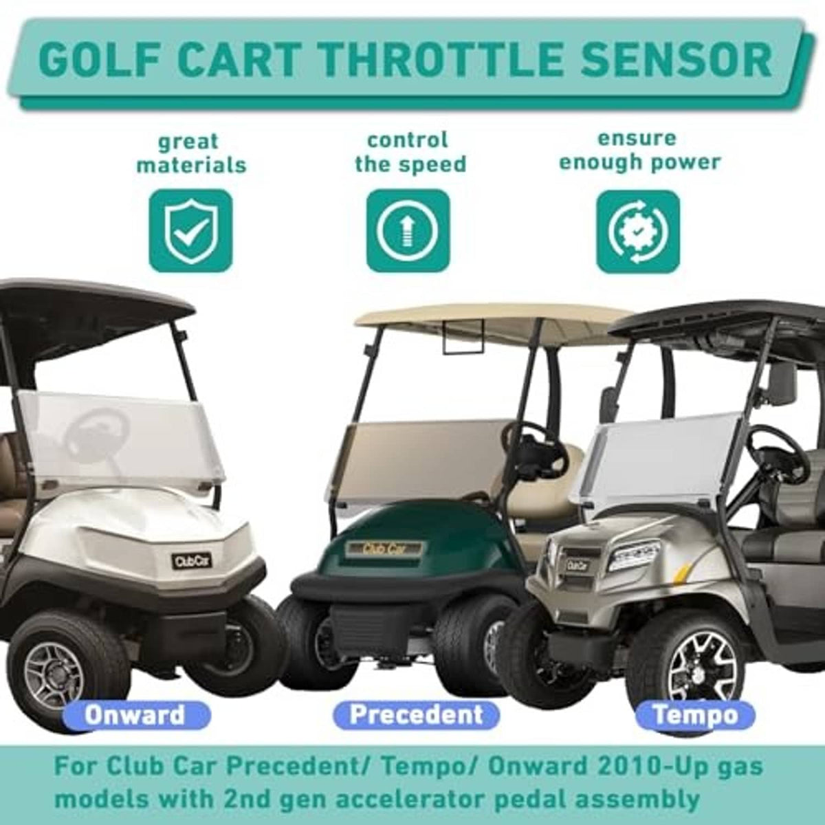 Golf cart throttle sensor product banner with three golf cart models shown