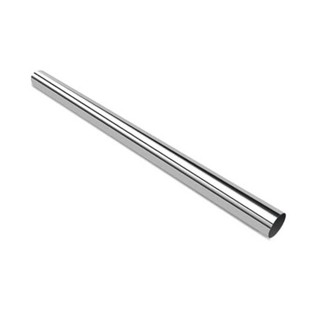 Polished stainless steel exhaust pipe tube, 3 inch OD, open end, long straight design.