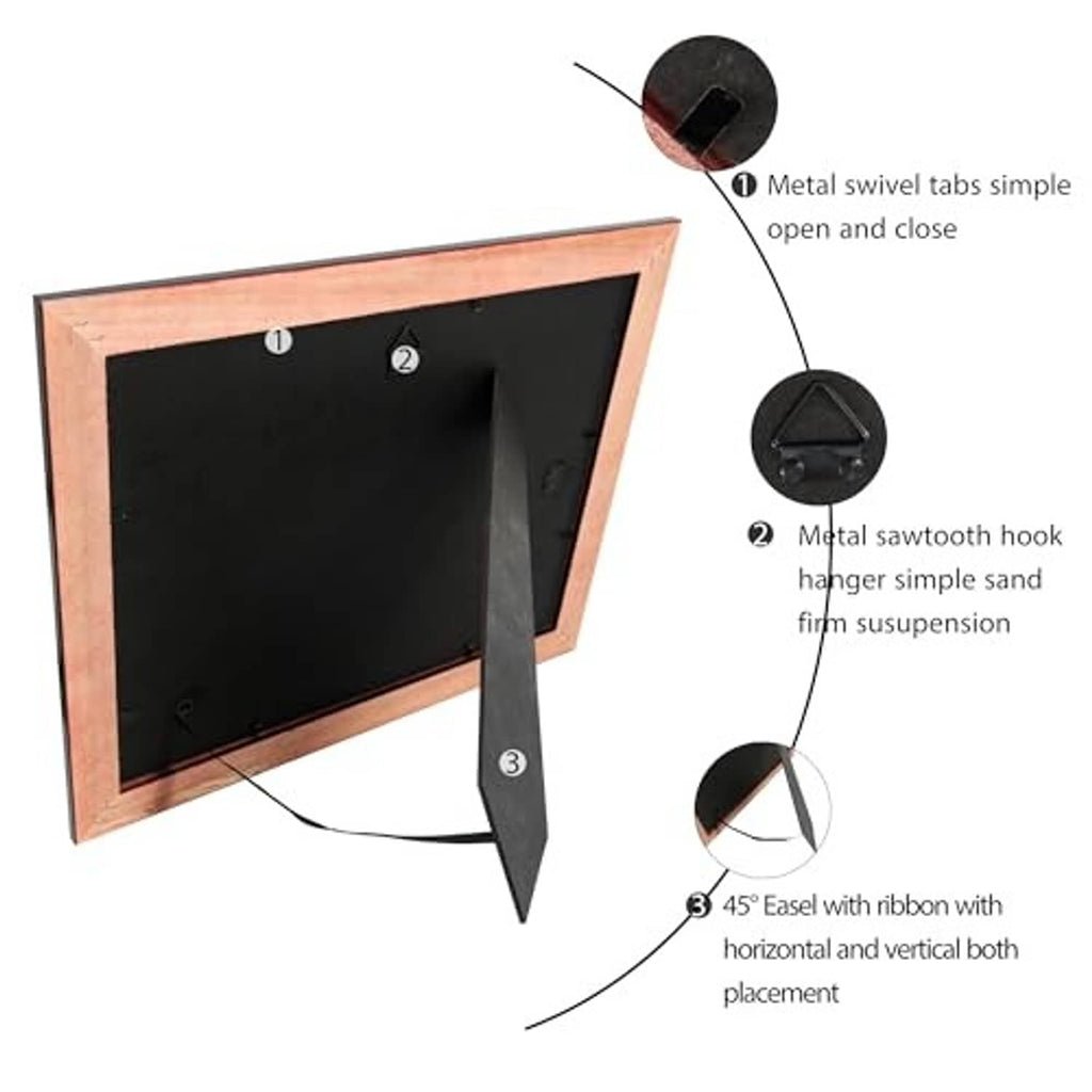 Cherry diploma frame back with metal swivel tabs, sawtooth hook, and 45 easel