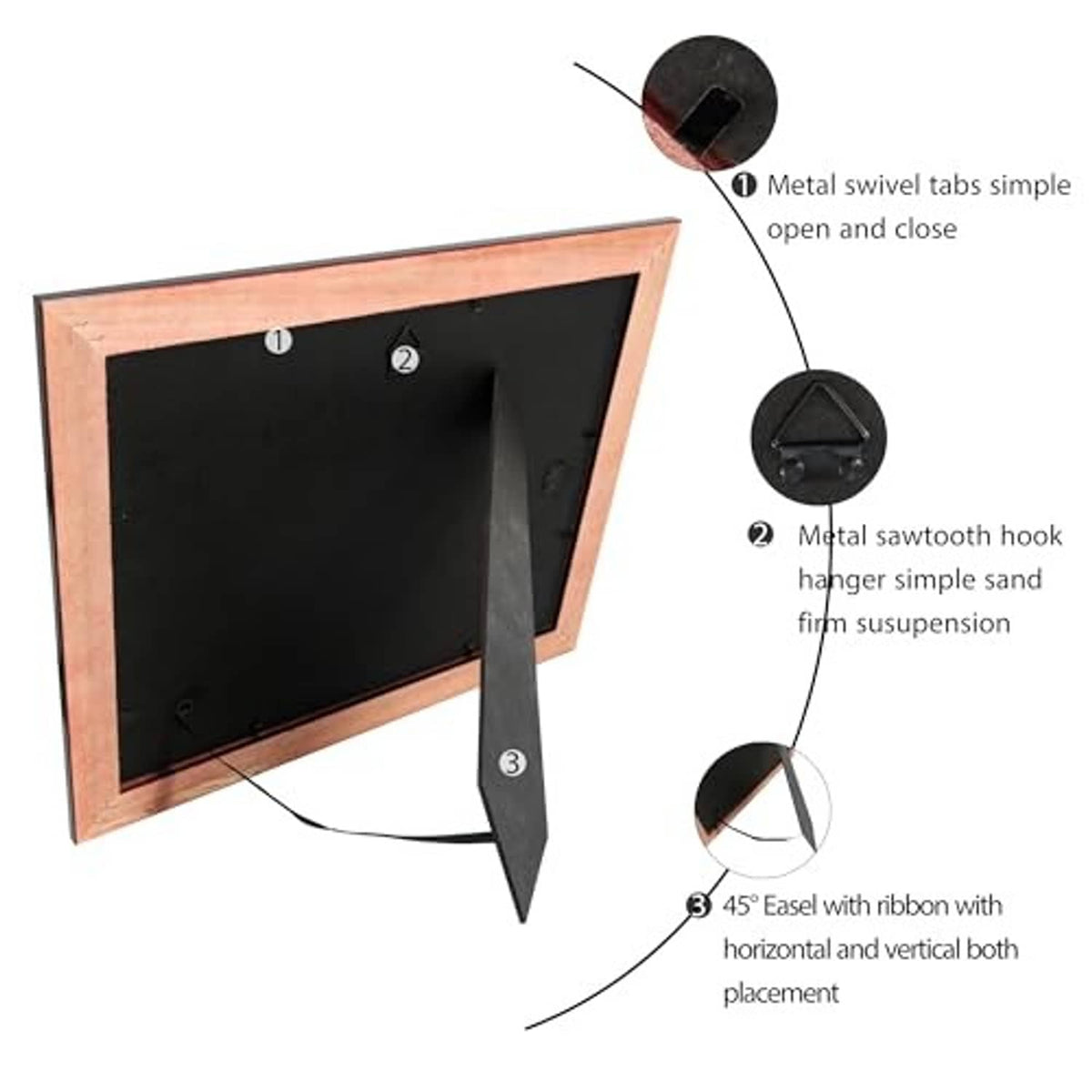 Cherry diploma frame back with metal swivel tabs, sawtooth hook, and 45 easel