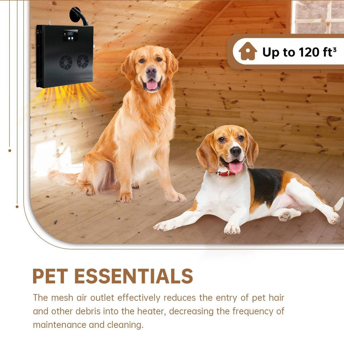 Black dog house heater with dual fan grilles warming two dogs in a wooden shelter