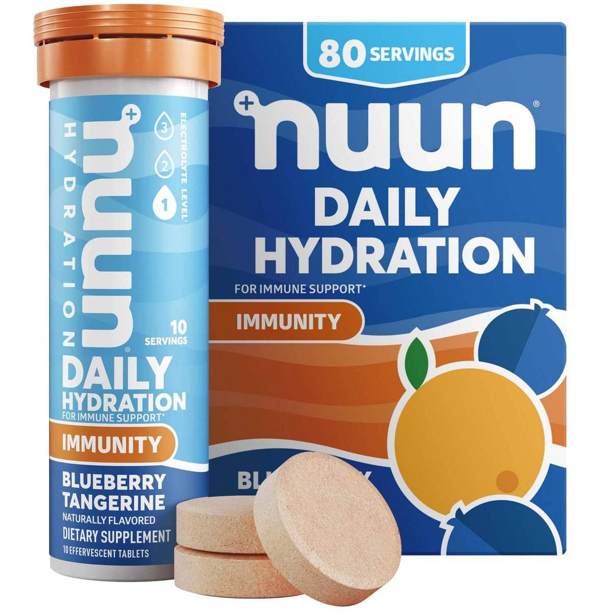 Nuun Daily Hydration immunity electrolyte tube with 80 servings and blueberry tangerine tablets