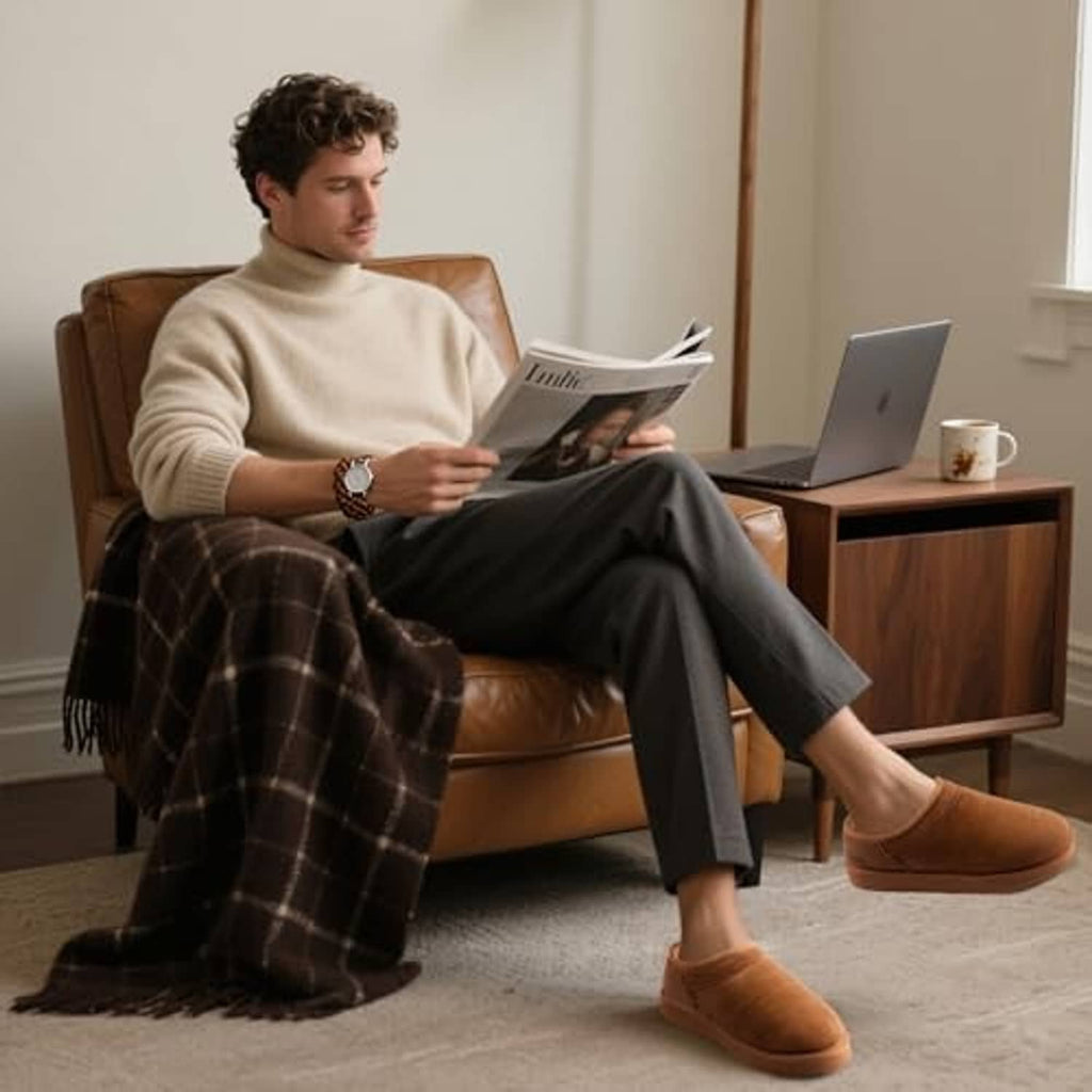Tan fur-lined slip-on slippers worn while seated indoors, showing full profile.