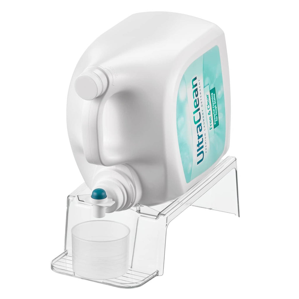 Laundry detergent holder with clear tray, white dispenser, blue-topped spout, and cup.