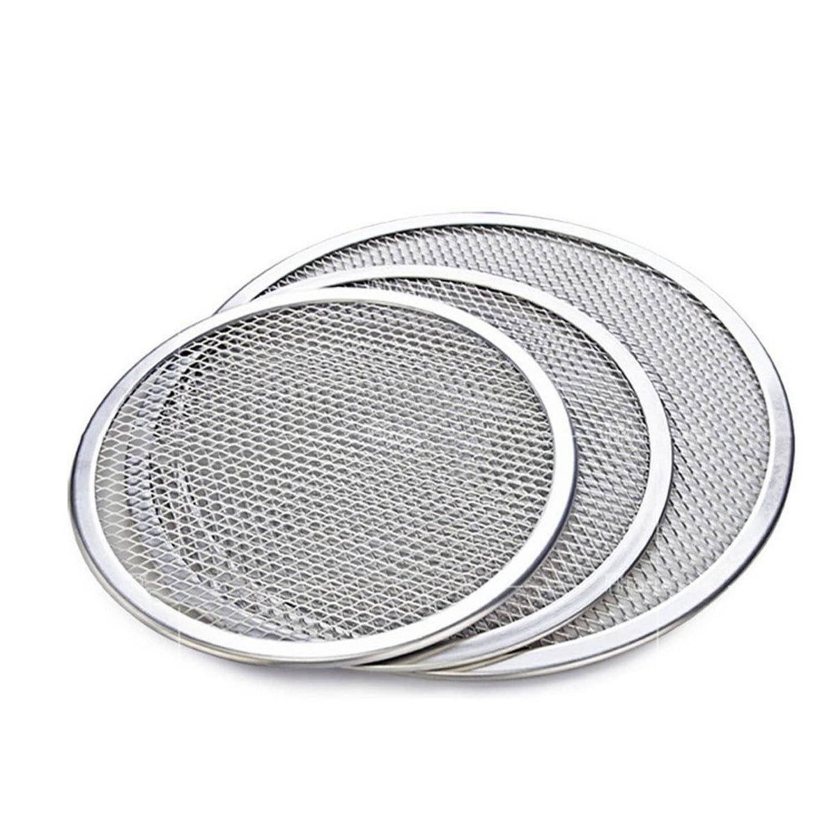 Stack of round aluminum pizza pans with textured mesh base and smooth seamless rim.