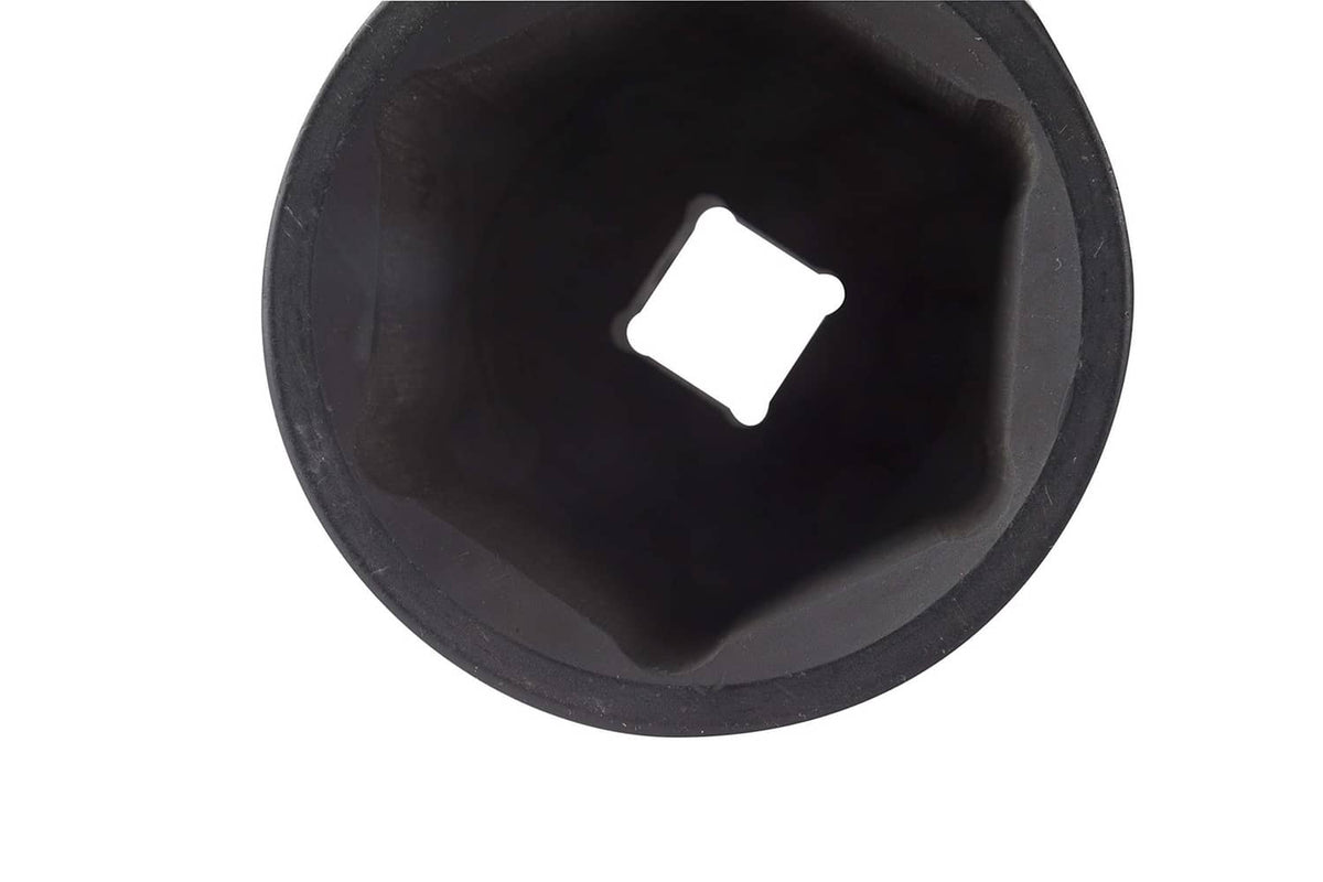 Extra-deep impact socket end view with internal square drive, dark finish