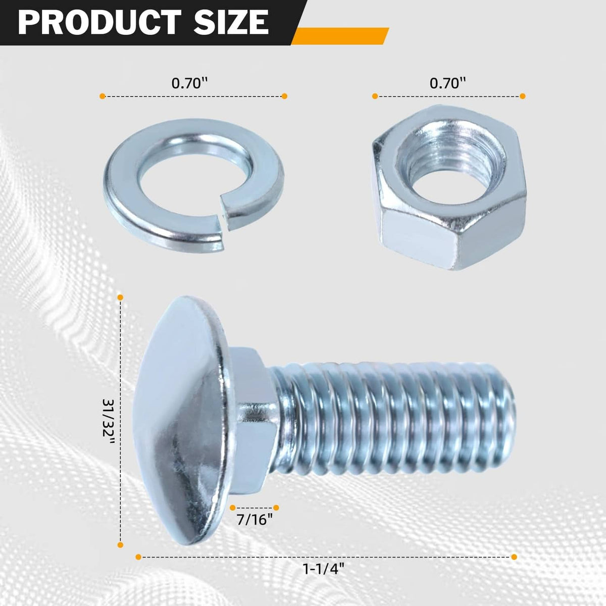 Chrome carriage bolt with capped head, threaded shank, and hex nut in silver metal finish