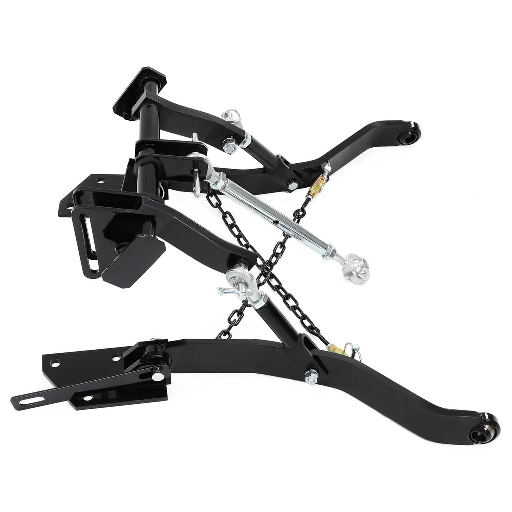 3-point hitch with black arms, chain links, silver pins and mounting bracket plate