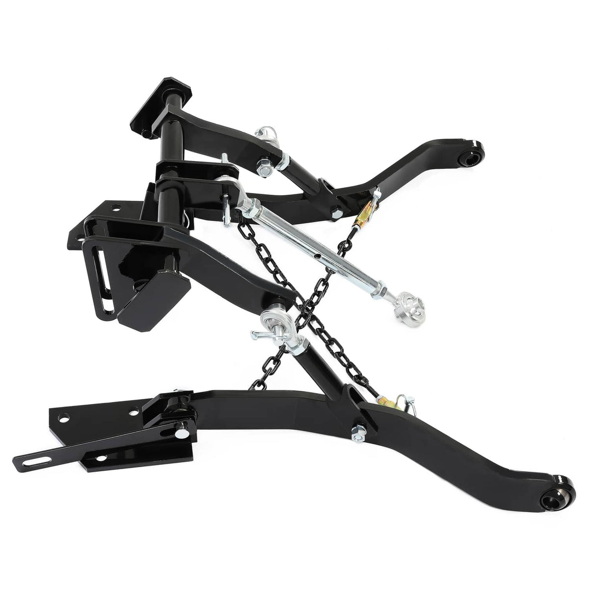 3-point hitch with black arms, chain links, silver pins and mounting bracket plate
