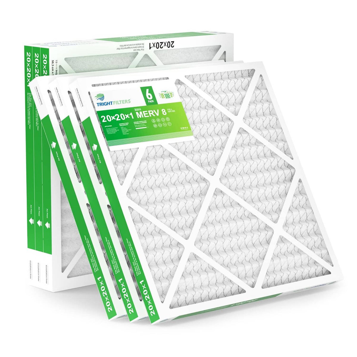 Pleated white air filter panels with green labels, 6-pack, MERV 8