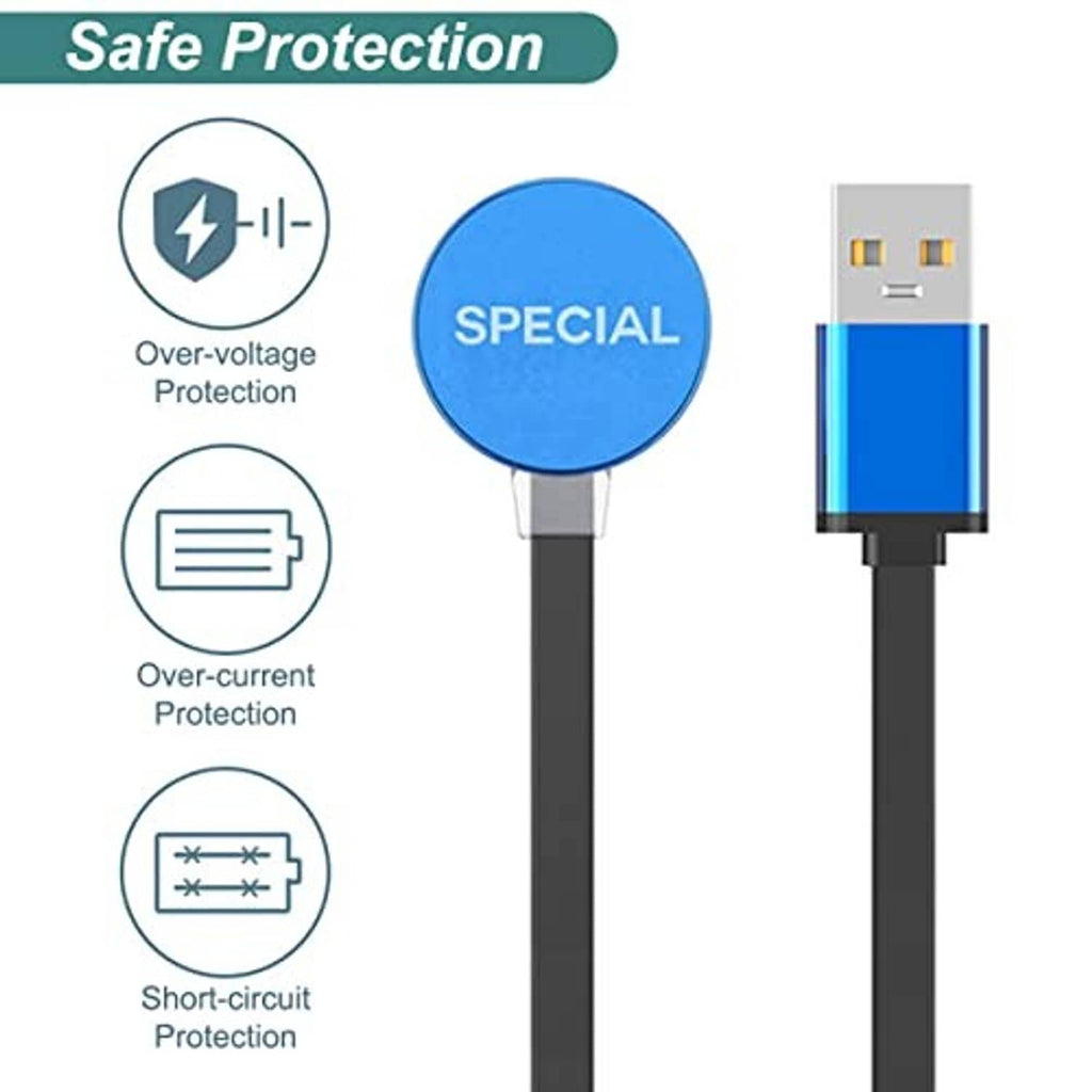 USB charging cable with blue protection label on magnetic connector end