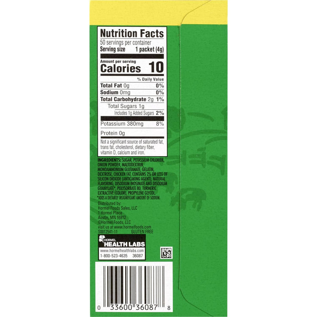 Nutrition facts panel for sodium-free granulated chicken bouillon packets