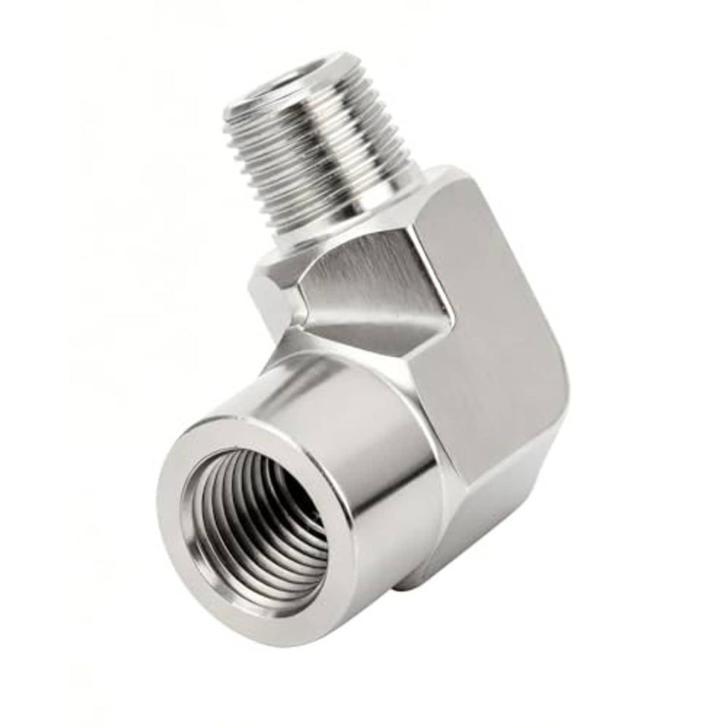 Stainless steel 90° elbow connector with external threads and internal female port