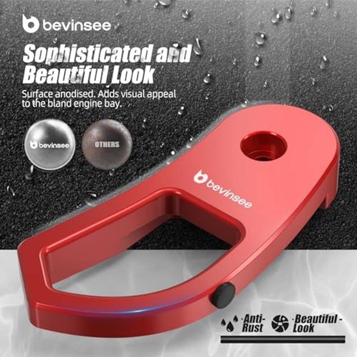 Red anodized-look hood latch release lever handle bracket with mounting hole and cutout.