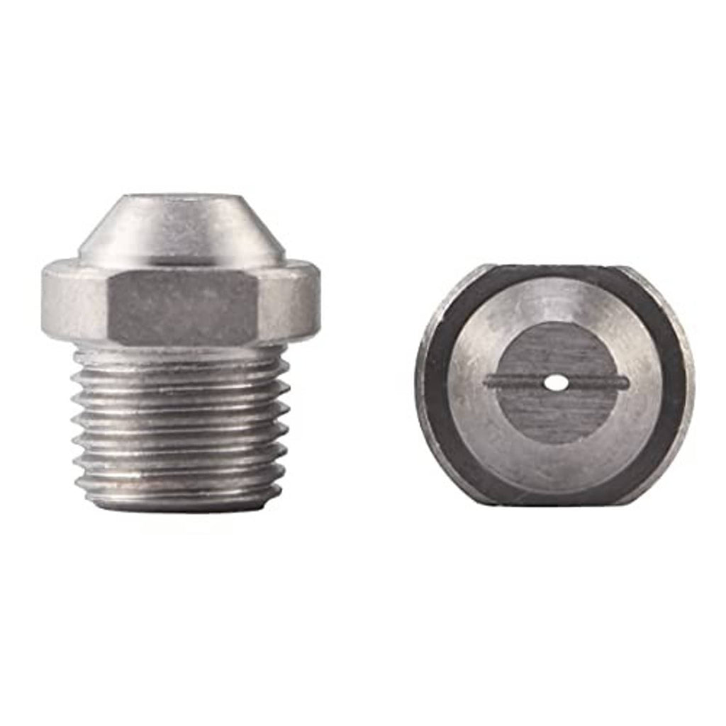 Pressure washer nozzle insert with threaded male fitting and circular spray orifice