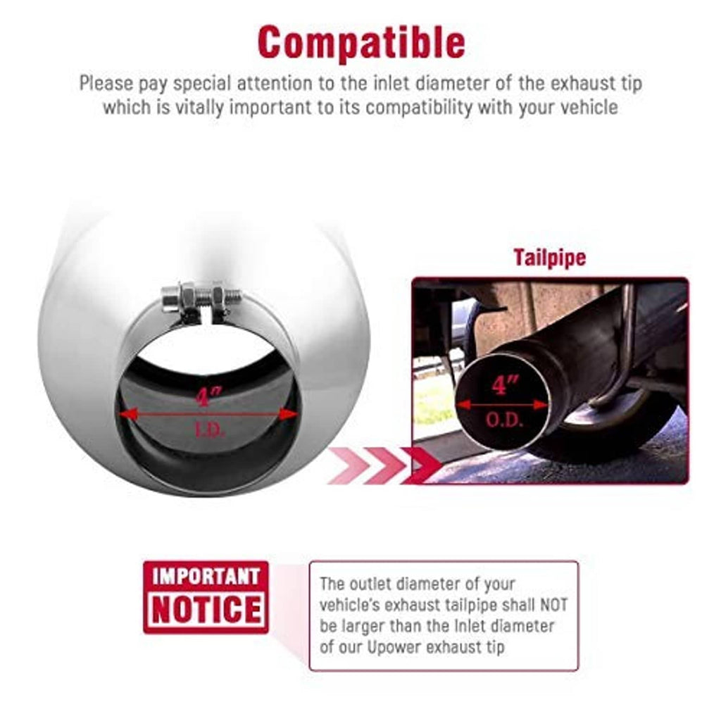 Round exhaust tip with 4-inch inlet and outlet diameter inset diagram