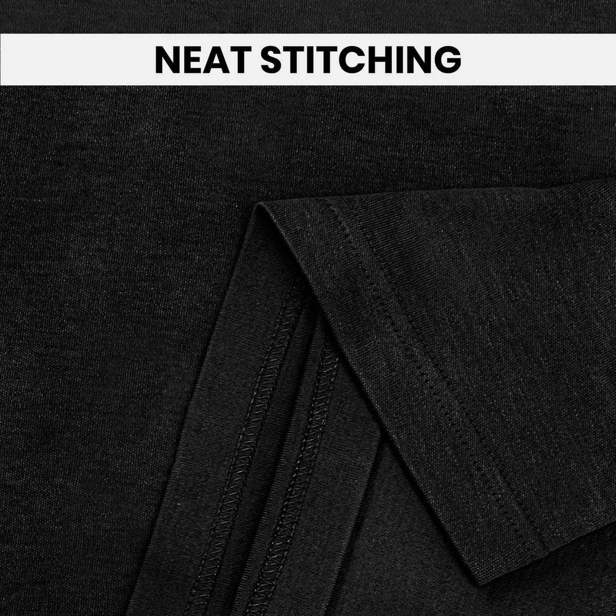 Black turtleneck sweater neckline with neat stitching detail