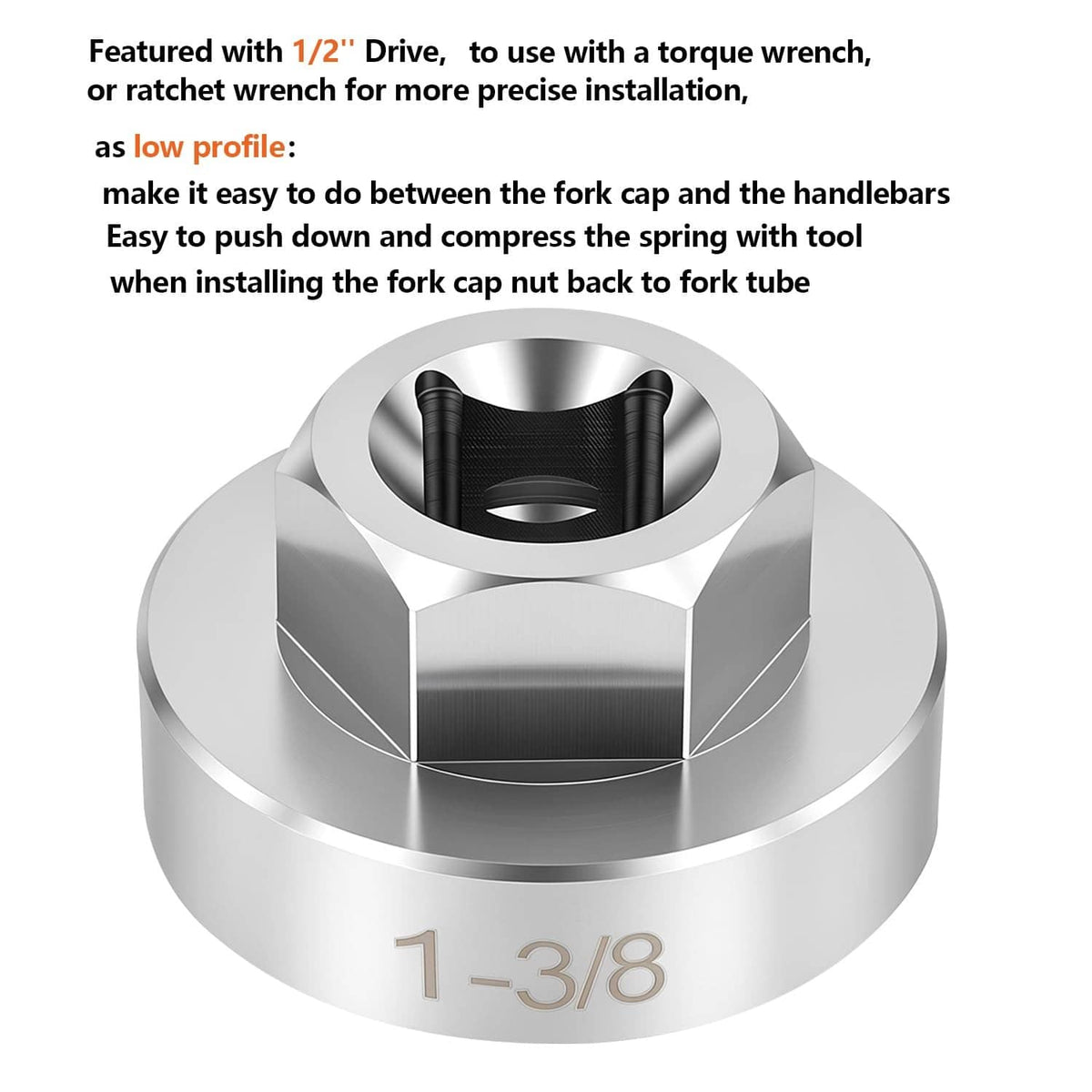 Silver 1-3/8 in fork cap nut socket with teal O-ring and drive opening