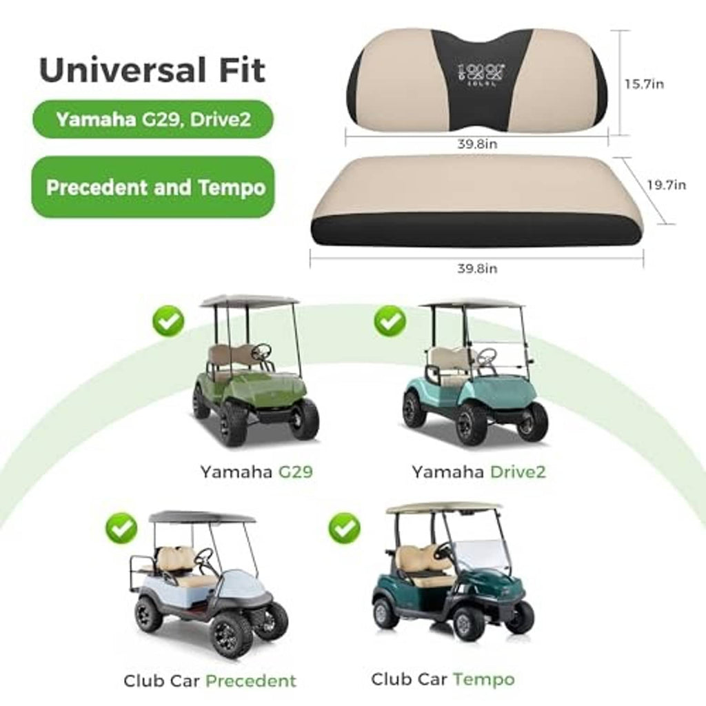 Beige and black golf cart seat cover with shown top and base measurements