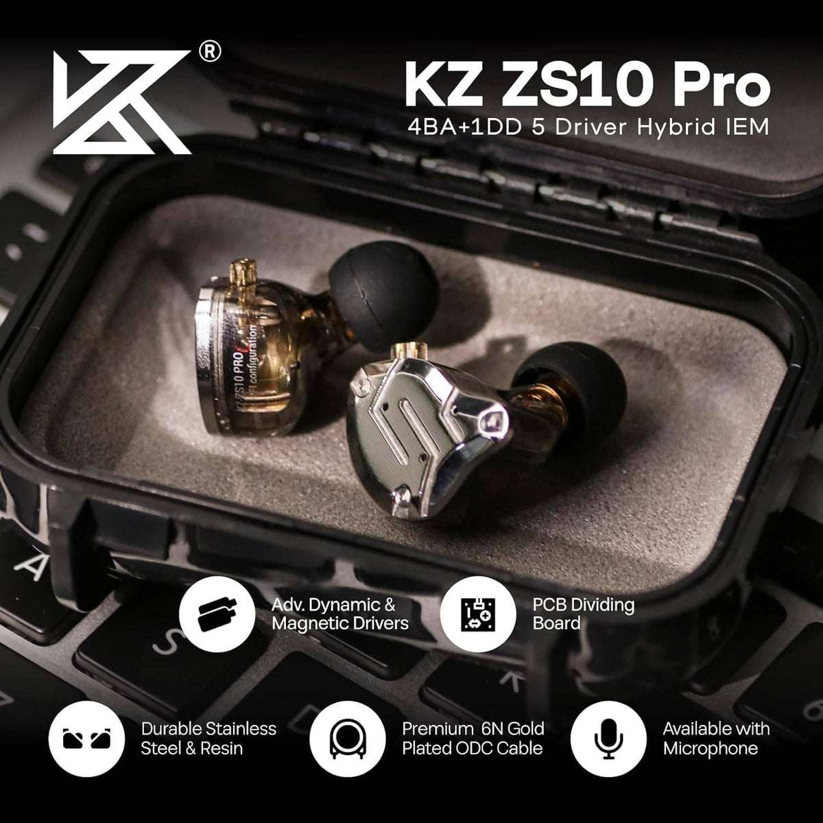In-ear monitors resting in a black case with clear eartips and metal faceplates