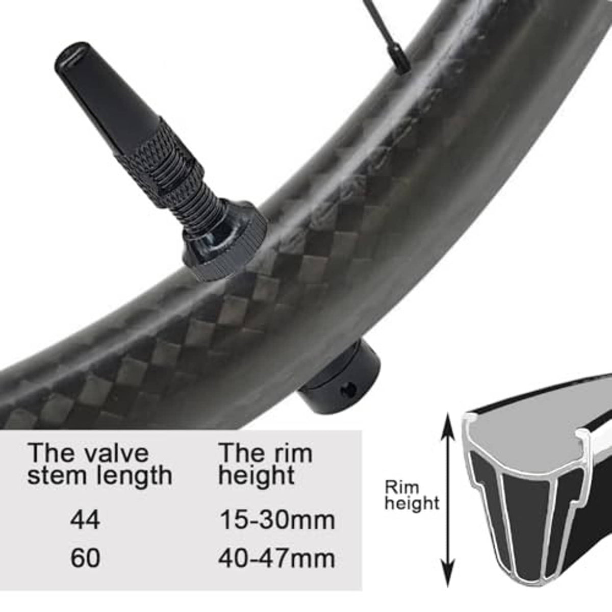 Black tubeless valve stem installed on a bicycle rim, side view with sizing